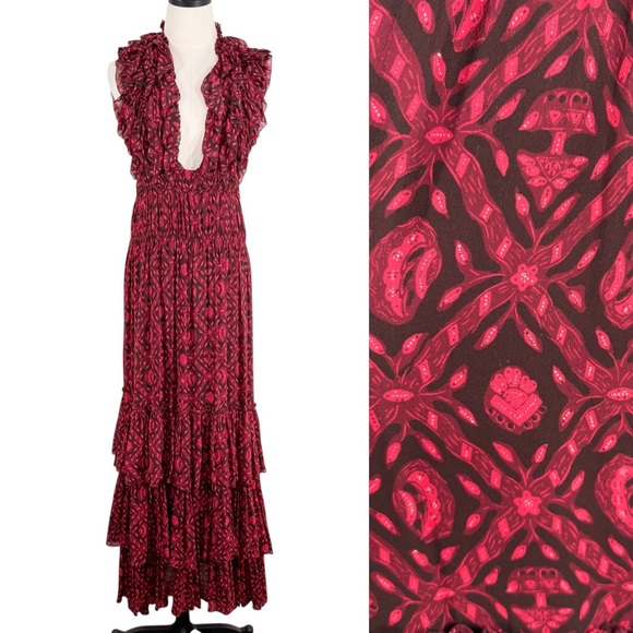 Ulla Johnson Adelina Gown Red Black Silk Maxi Dress Formal Wedding Guest Size 6 - Picture 3 of 16